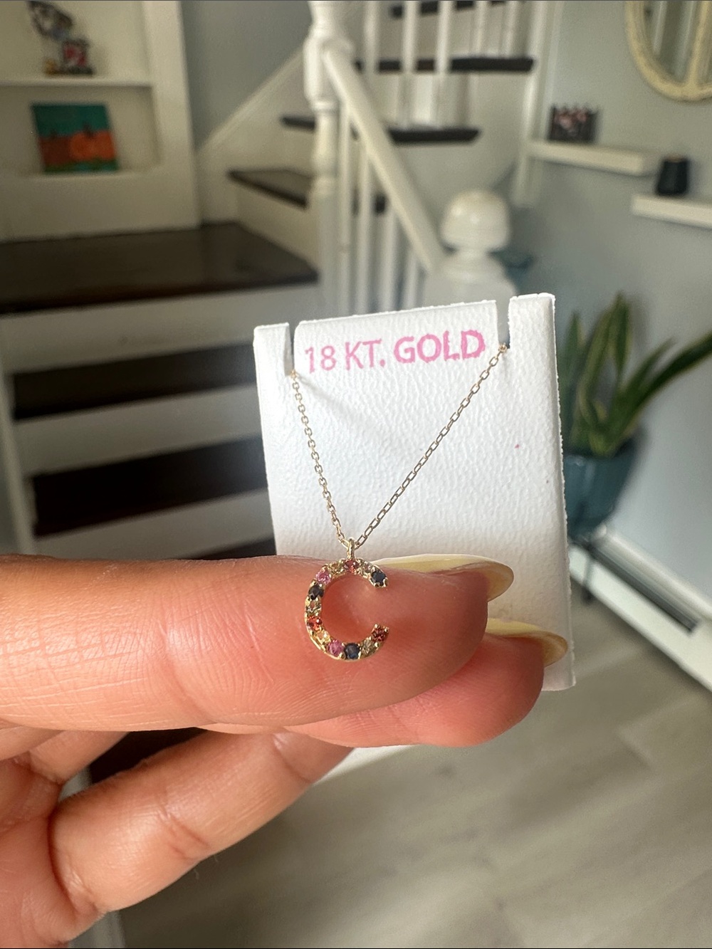18K Gold Multi-Stone letter -C-Pendant Necklace